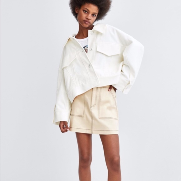 beige denim mini skirt